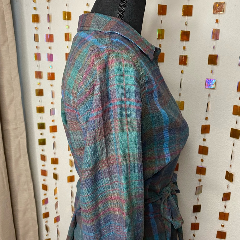 Plaid Button-Front Shirt Dress with Tie Waist - Teal Multi - Picture 7 of 11